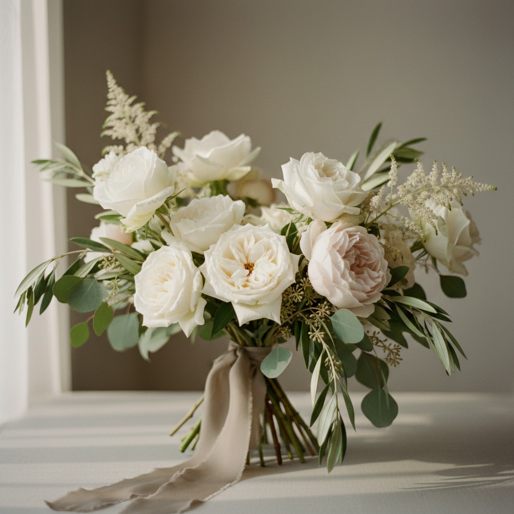 Un ramo de novia de rosas blancas y crema con eucalipto y una cinta de seda marrón clara sobre una mesa blanca.
