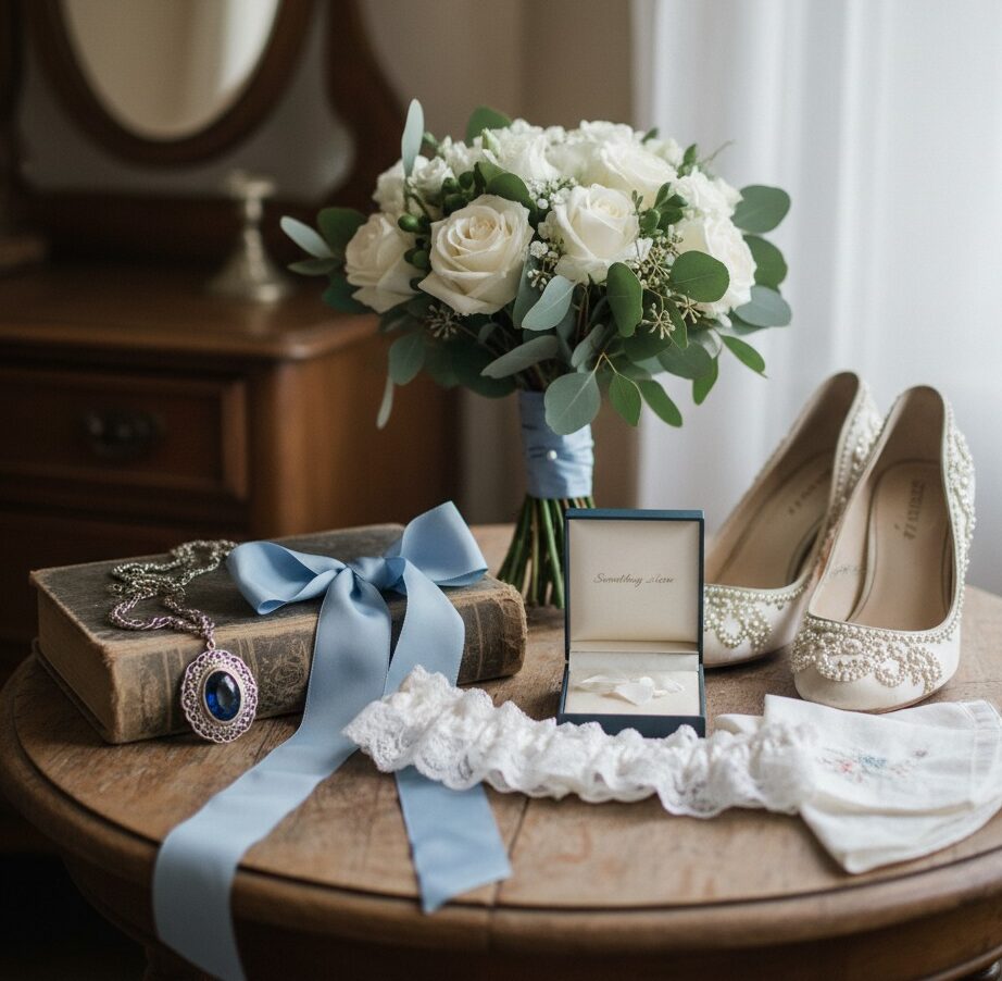 Un ramo de rosas blancas, unos zapatos de tacón decorados con perlas, un libro antiguo con un lazo azul y un joyero están dispuestos sobre una mesa de madera.