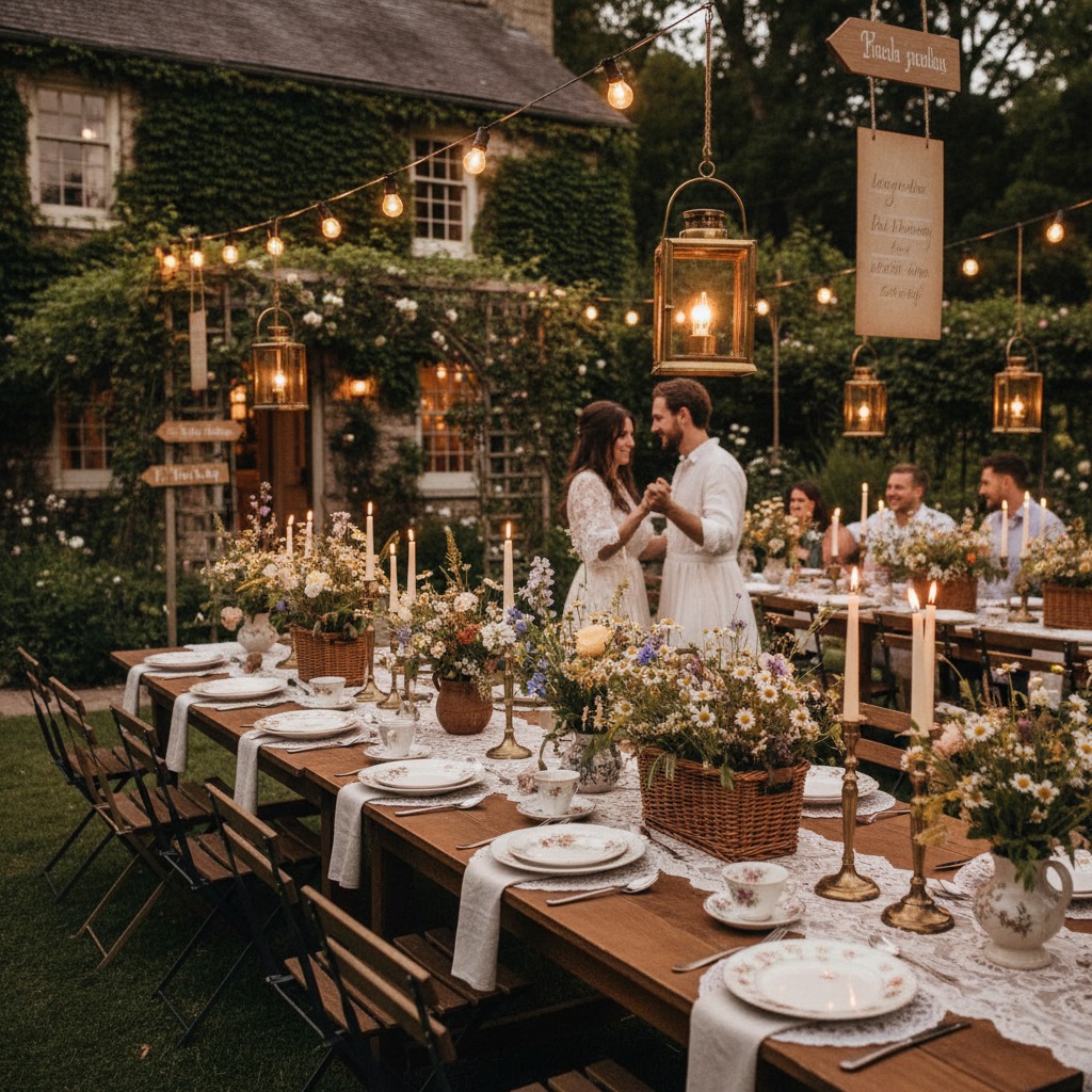 Una pareja de novios baila al aire libre junto a una larga mesa de bodas decorada con flores y luces cálidas por la noche.