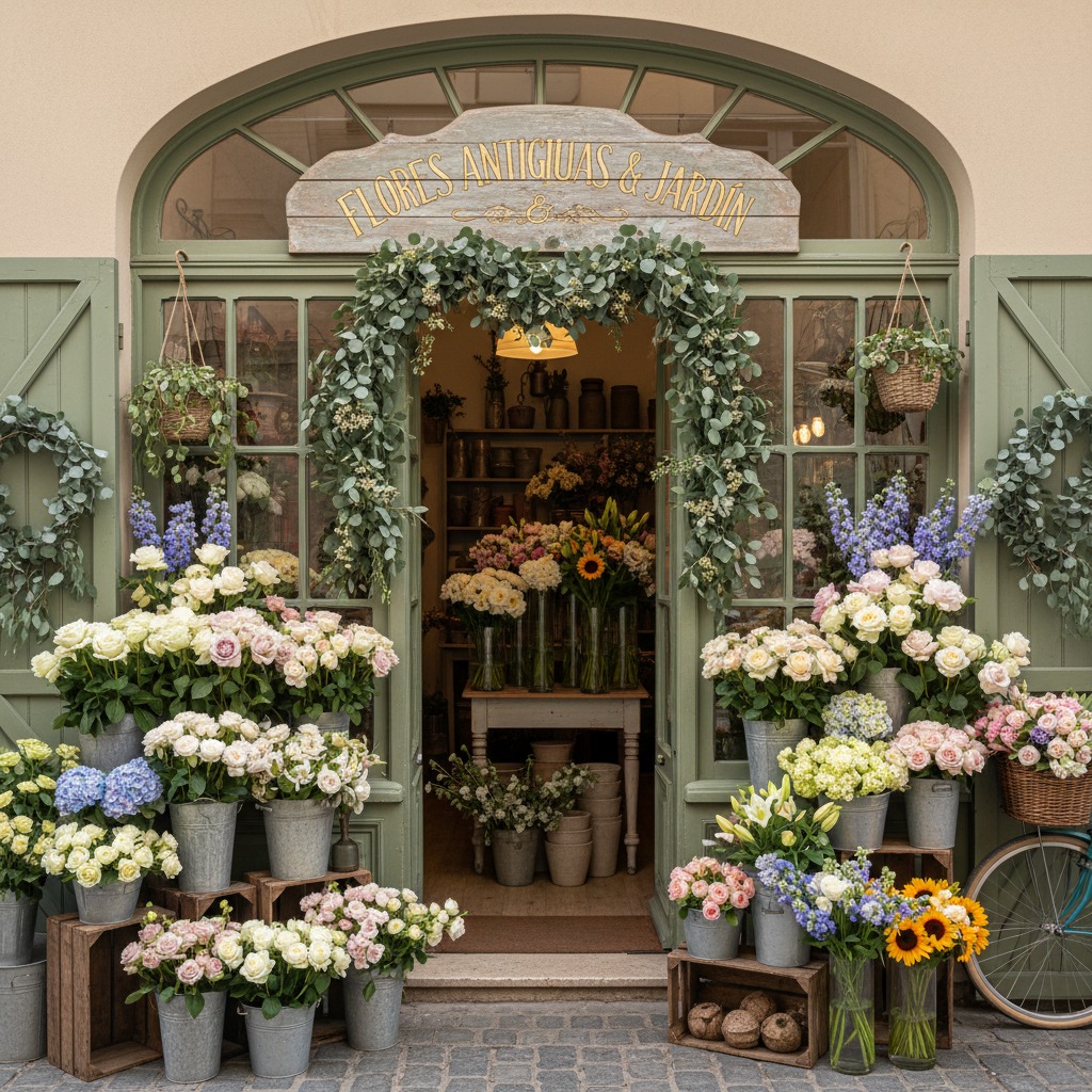 Fachada de una floristería con grandes ventanales de madera verde y un cartel de madera que dice "FLORES ANTIGUAS & JARDÍN", decorada con abundante vegetación y cubos llenos de flores variadas en la entrada.